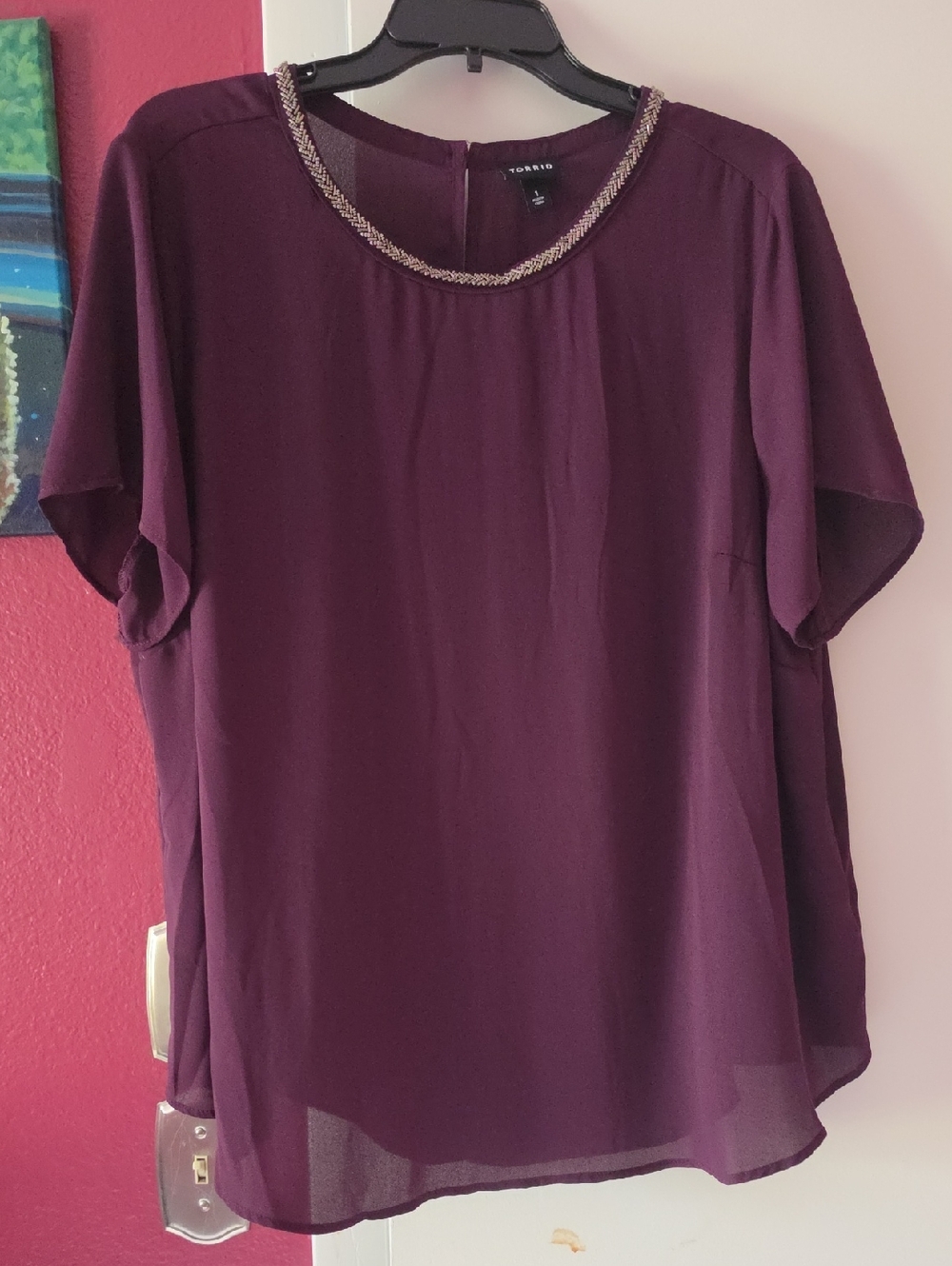 torrid Plum Short Sleeve Beaded Neck Blouse